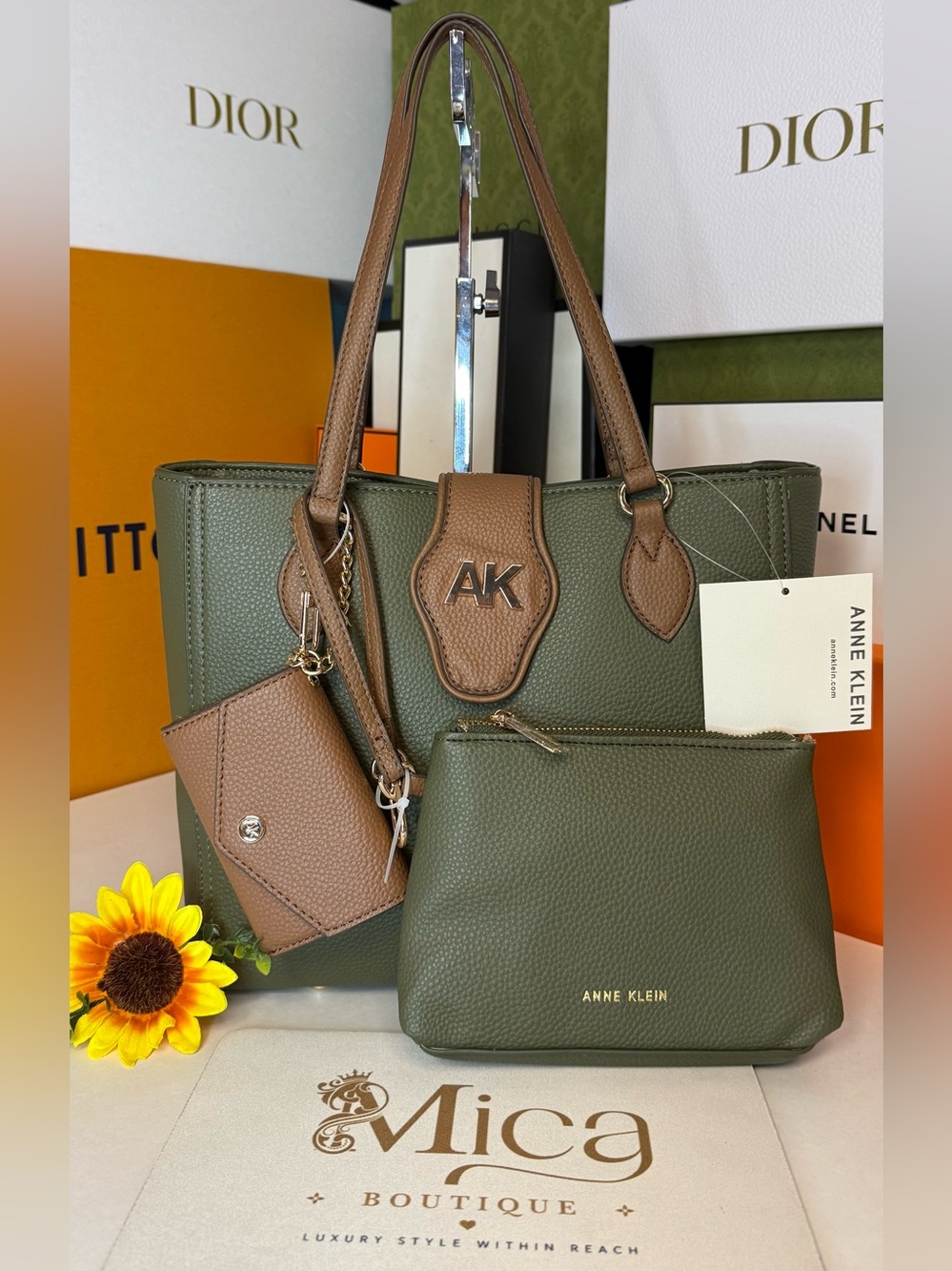 🆕ANNE KLEIN Olive and Brown Pebbled Leather Tote with Pouch & Cardholder ~3inONE